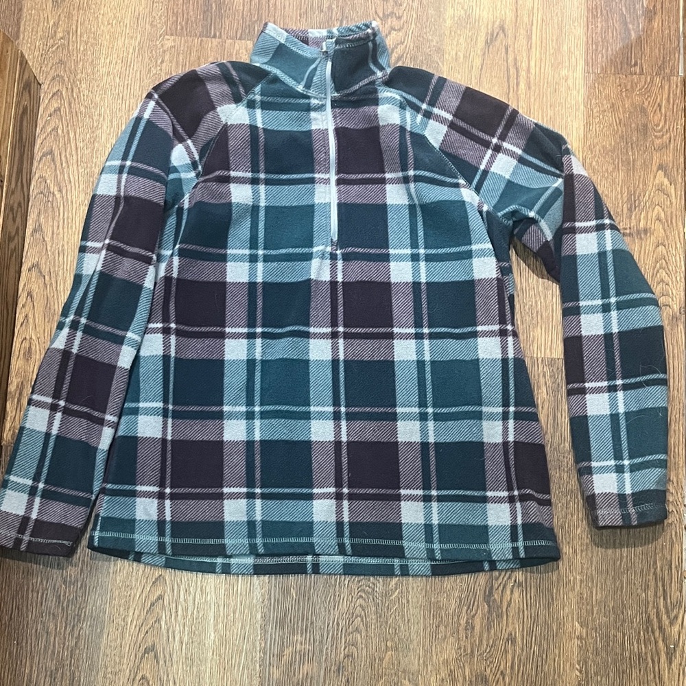 Eddie Bauer Women's Zip-Up Plaid Sweater - Teal and Burgundy